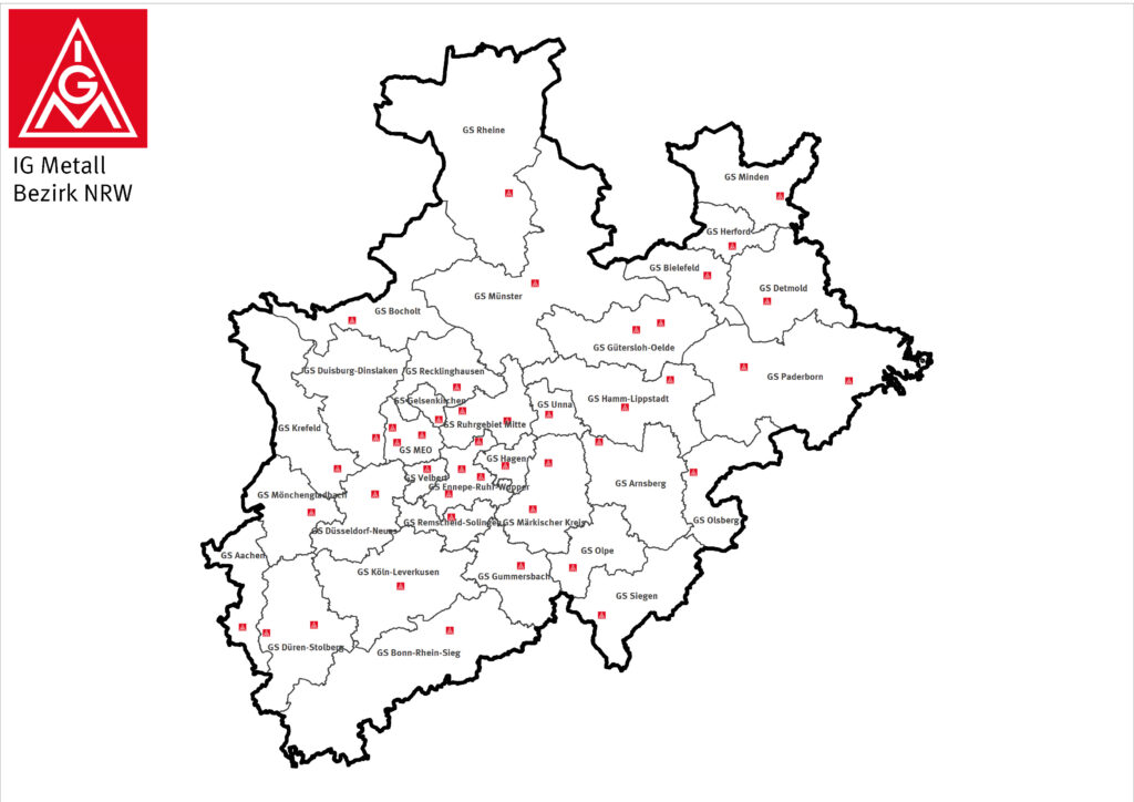 Karte von Nordrhein-Westfalen mit IG Metall-Geschäftsstellen